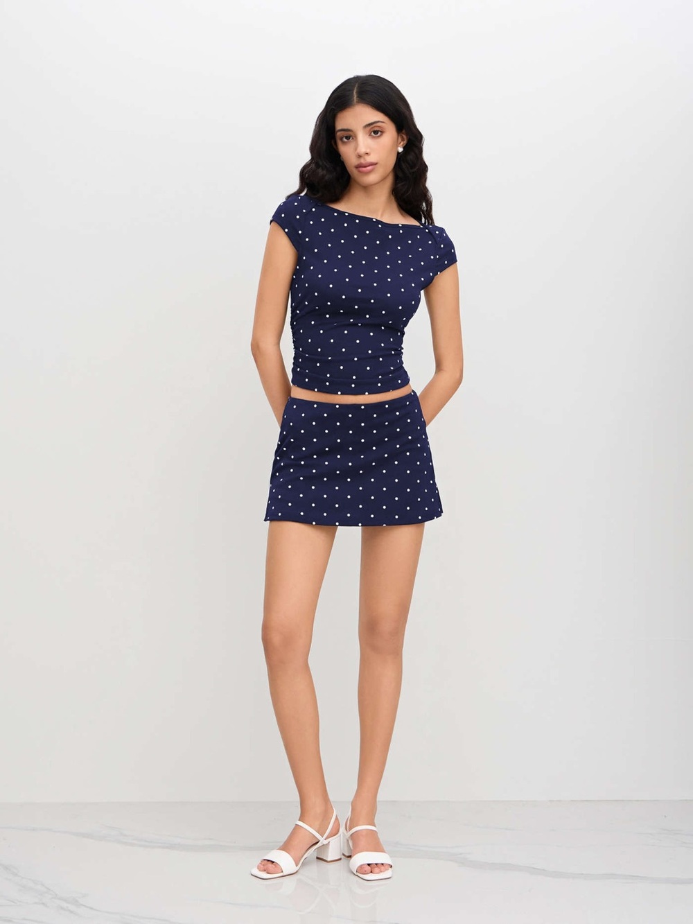 Cider Navy Polka Dot 2 Piece Top Skort Set XL NWT Ruched Coquette